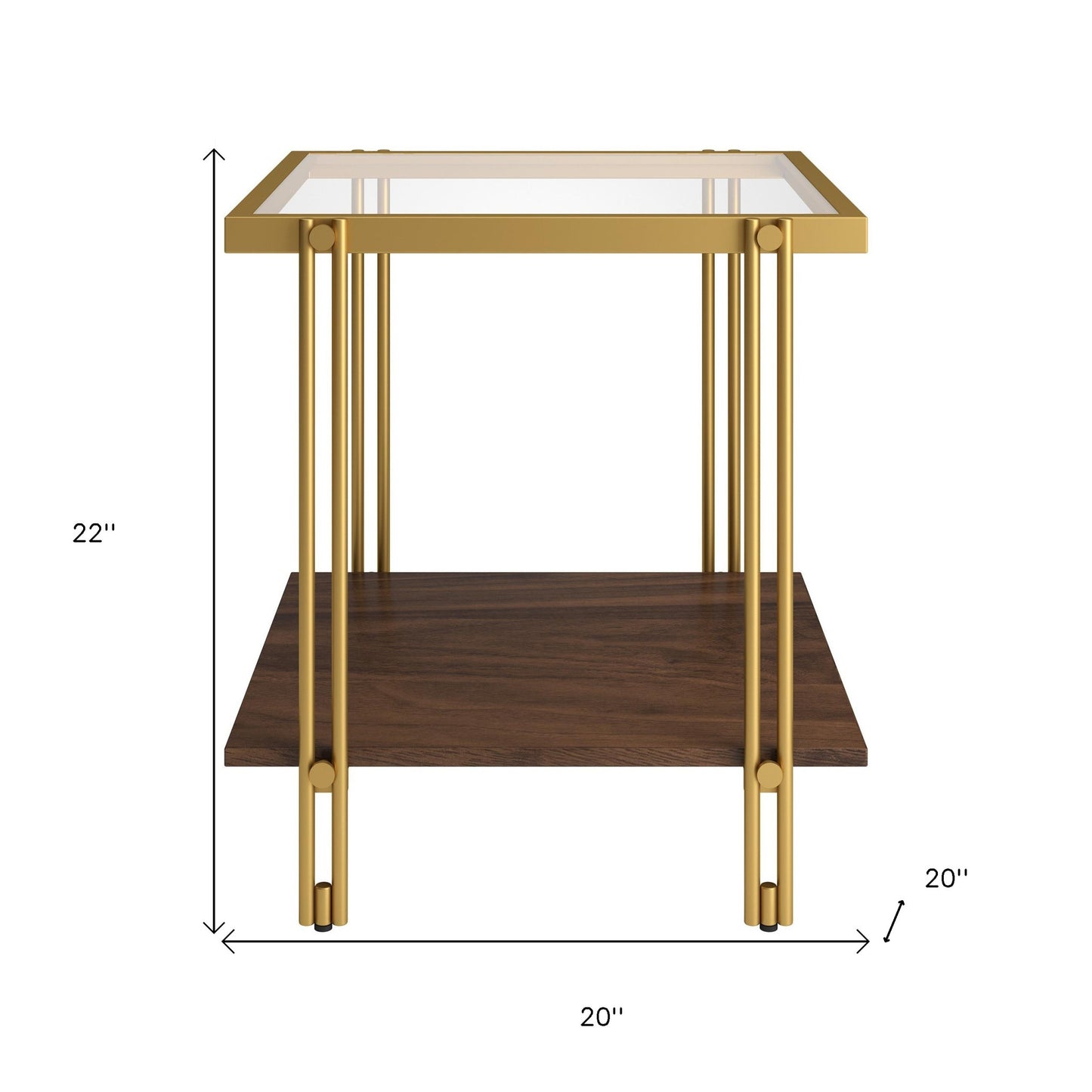 22" Brass And Clear Glass And Steel Square End Table With Shelf