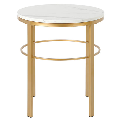 24" Brass And White Faux Marble And Steel Round End Table