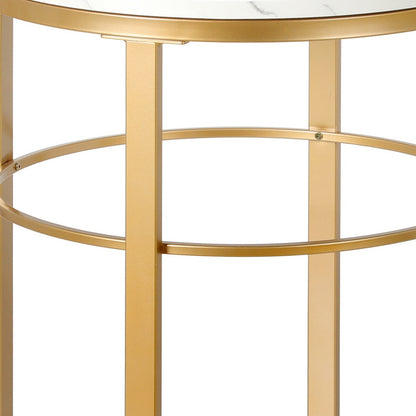 24" Brass And White Faux Marble And Steel Round End Table