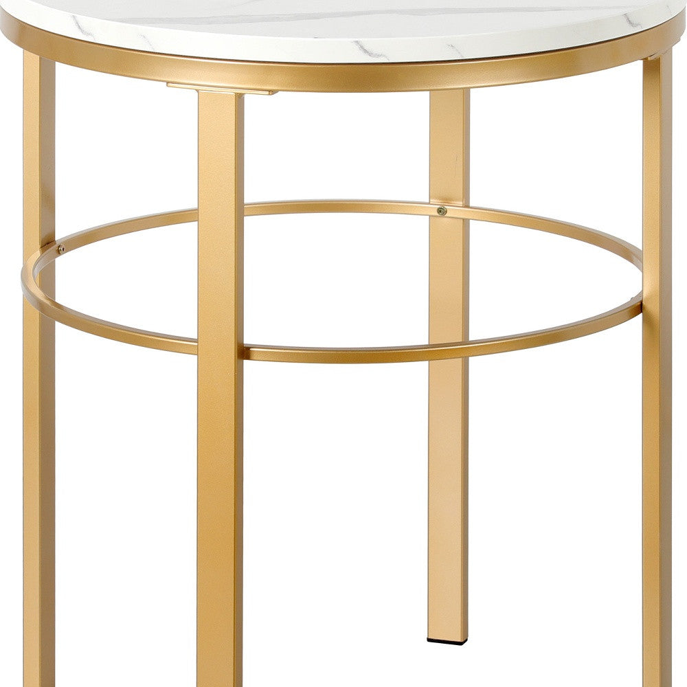 24" Brass And White Faux Marble And Steel Round End Table