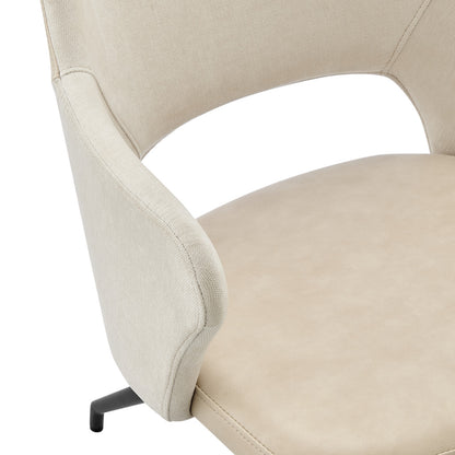 Beige And Black Upholstered Fabric and Faux Leather Open Back Dining Arm Chair