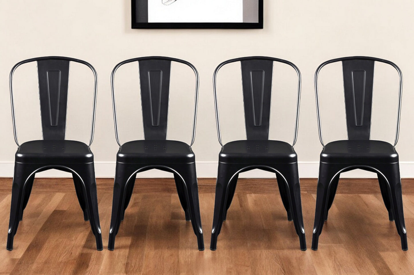 Set of Four Black Steel Dining Side Chairs