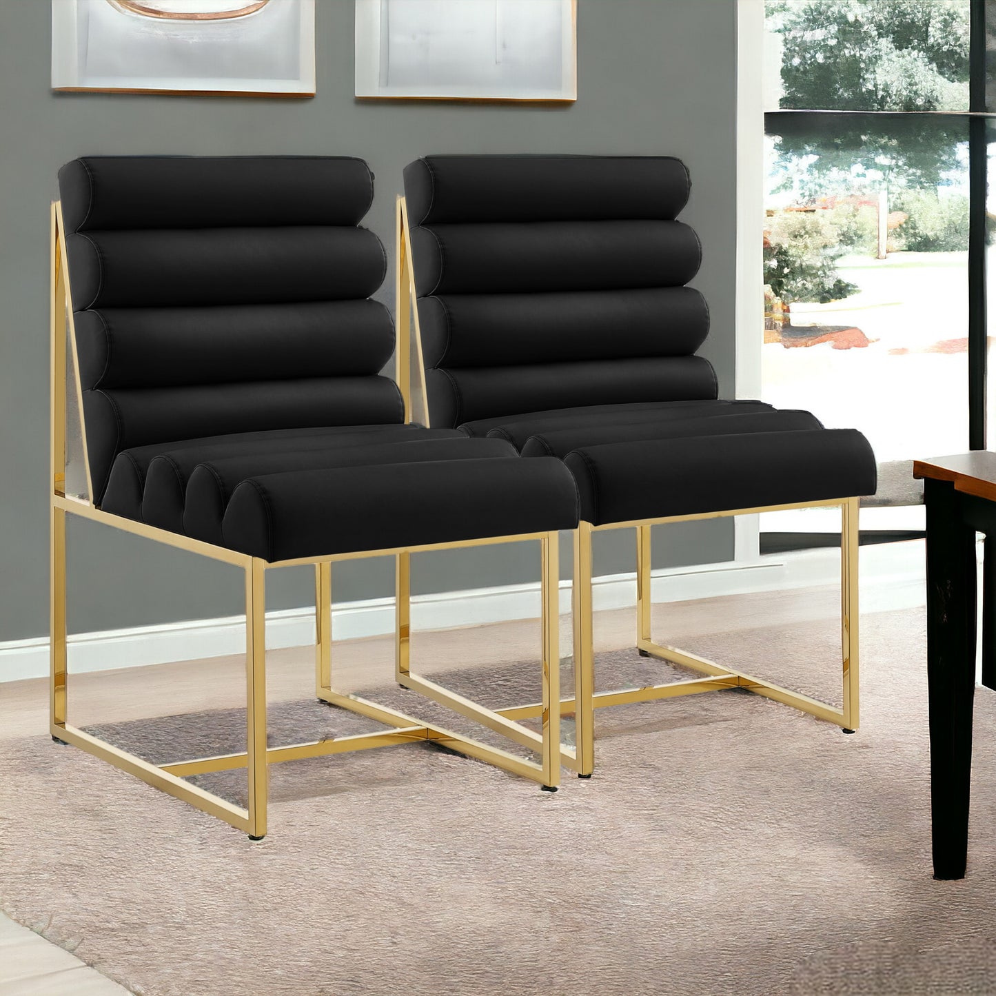 Set of Two Tufted Black And Gold Upholstered Faux Leather Dining Side Chairs