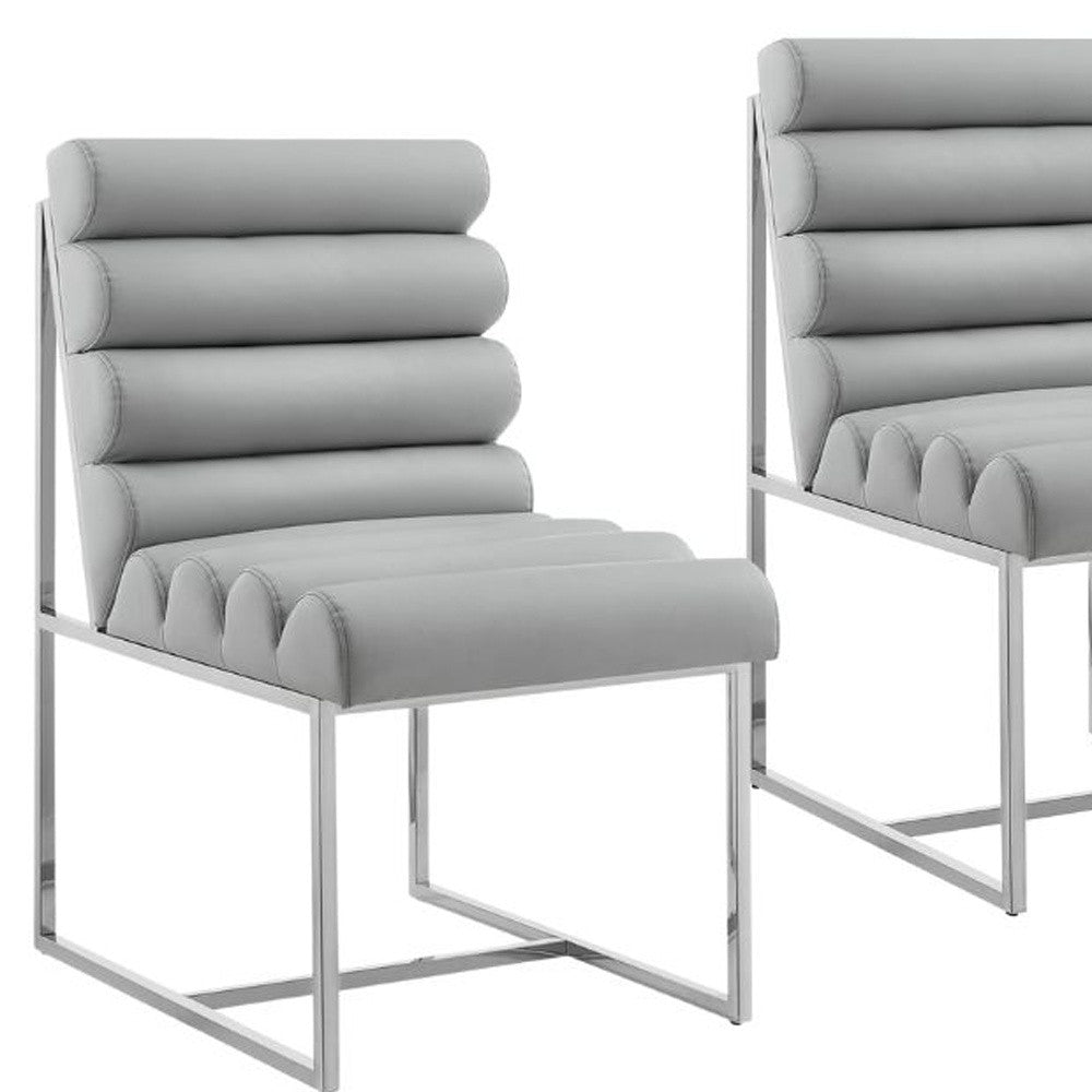 Set of Two Tufted Gray And Silver Metallic Upholstered Faux Leather Dining Side Chairs