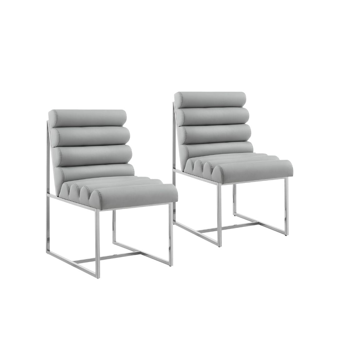 Set of Two Tufted Gray And Silver Metallic Upholstered Faux Leather Dining Side Chairs