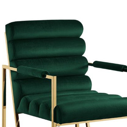 Set of Two Tufted Hunter Green And Gold Upholstered Velvet Dining Arm Chairs