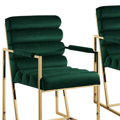 Set of Two Tufted Hunter Green And Gold Upholstered Velvet Dining Arm Chairs