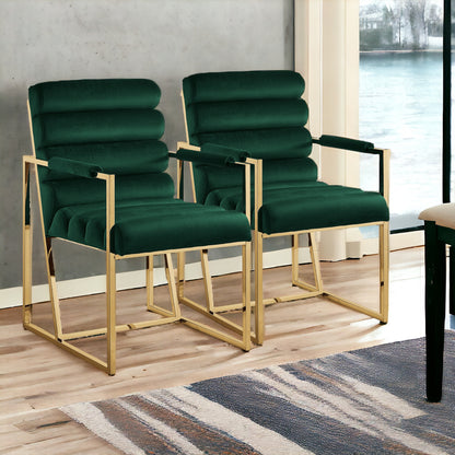 Set of Two Tufted Hunter Green And Gold Upholstered Velvet Dining Arm Chairs