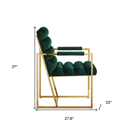 Set of Two Tufted Hunter Green And Gold Upholstered Velvet Dining Arm Chairs