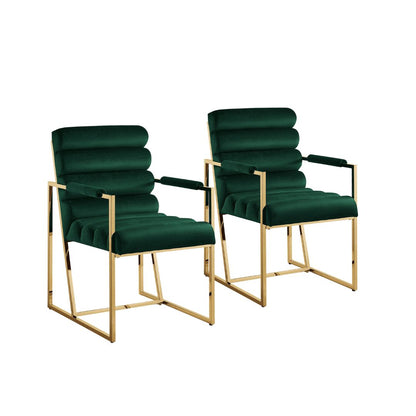 Set of Two Tufted Hunter Green And Gold Upholstered Velvet Dining Arm Chairs