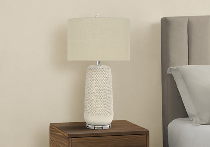 31" Cream Ceramic Geometric Table Lamp With Beige Drum Shade