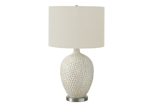 28" White and Silver Ceramic Round Table Lamp With Cream Drum Shade