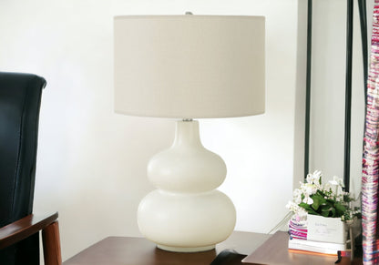 25" Cream Ceramic Gourd Table Lamp With Cream Drum Shade