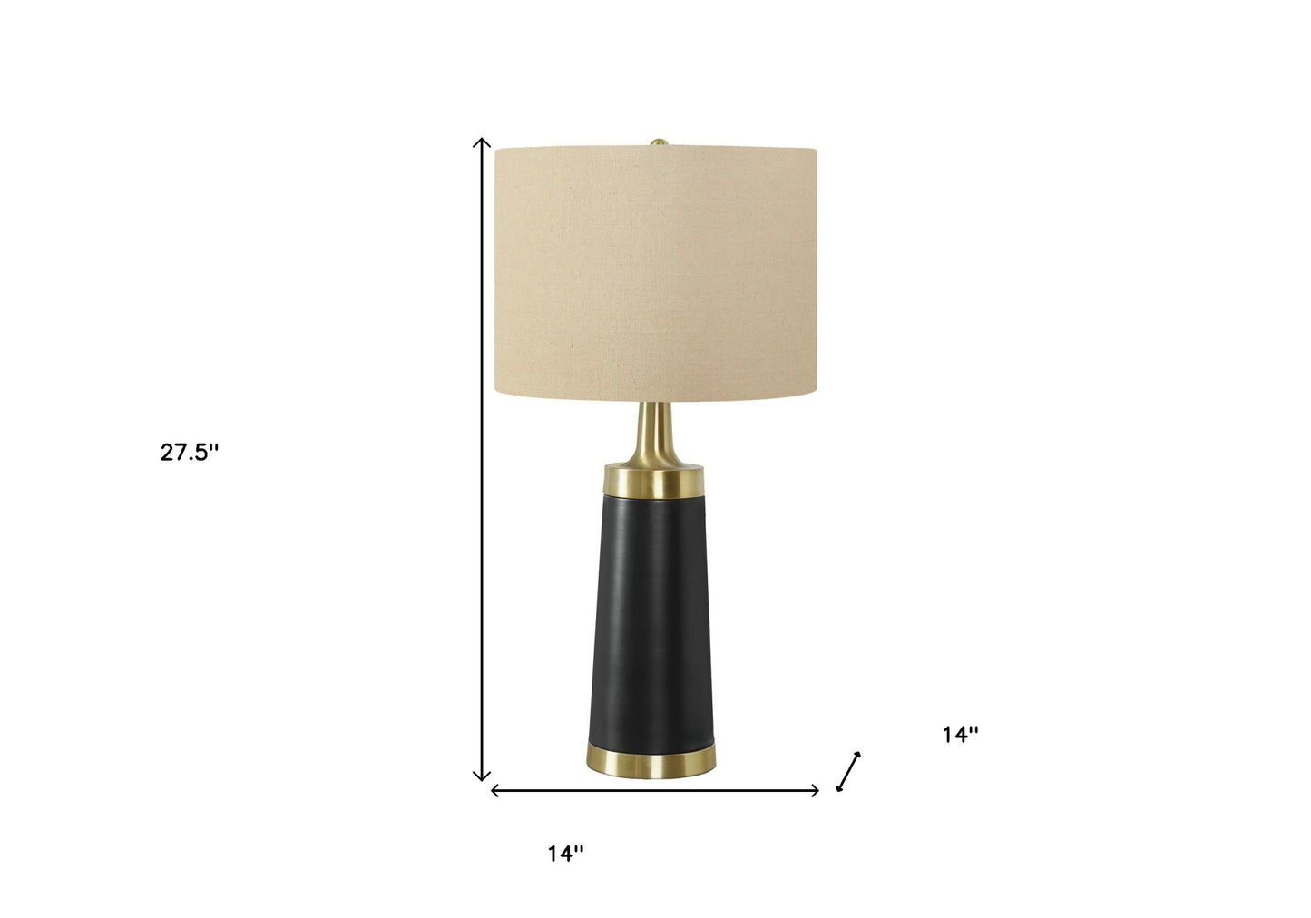 28" Black and Gold Metal Cylinder Table Lamp With Beige Drum Shade