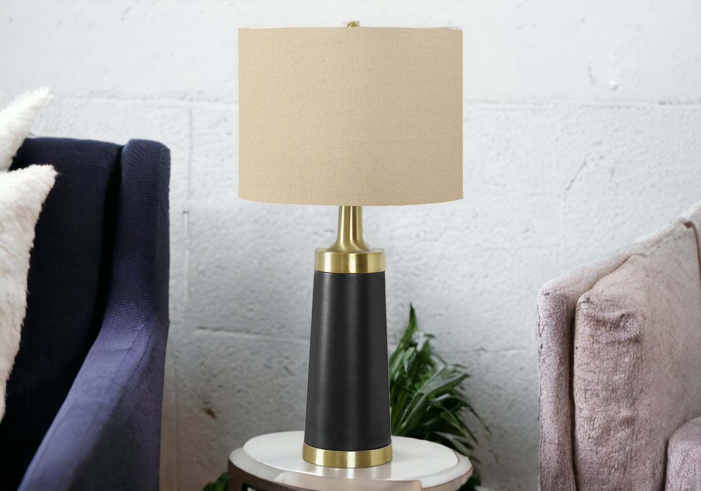 28" Black and Gold Metal Cylinder Table Lamp With Beige Drum Shade