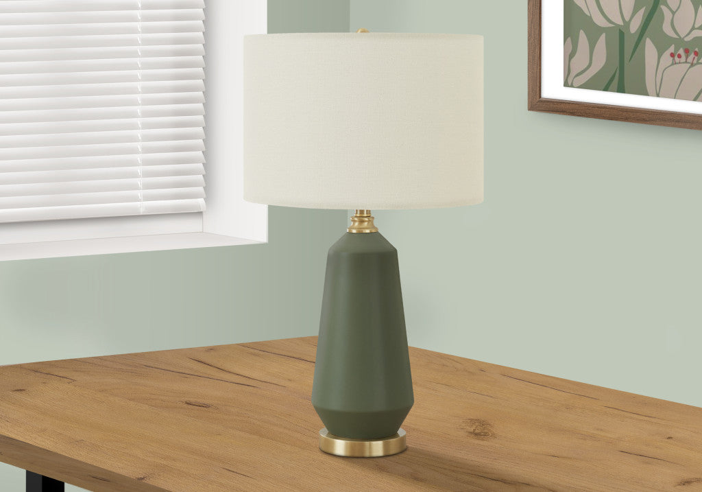 26" Green Ceramic Geometric Table Lamp With Ivory Drum Shade