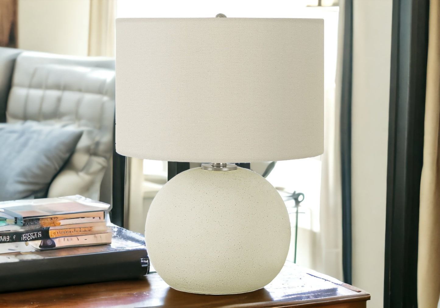 18" Cream Ceramic Round Table Lamp With Cream Drum Shade