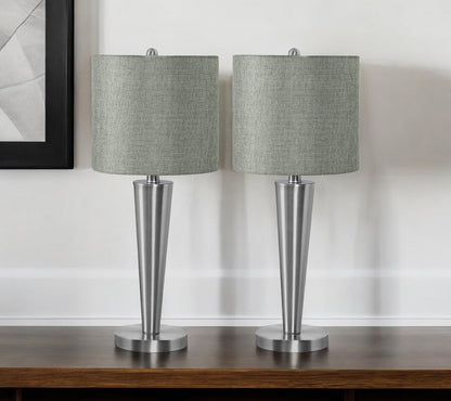 Set of Two 24" Silver Metal Candlestick USB Table Lamps With Gray Drum Shade