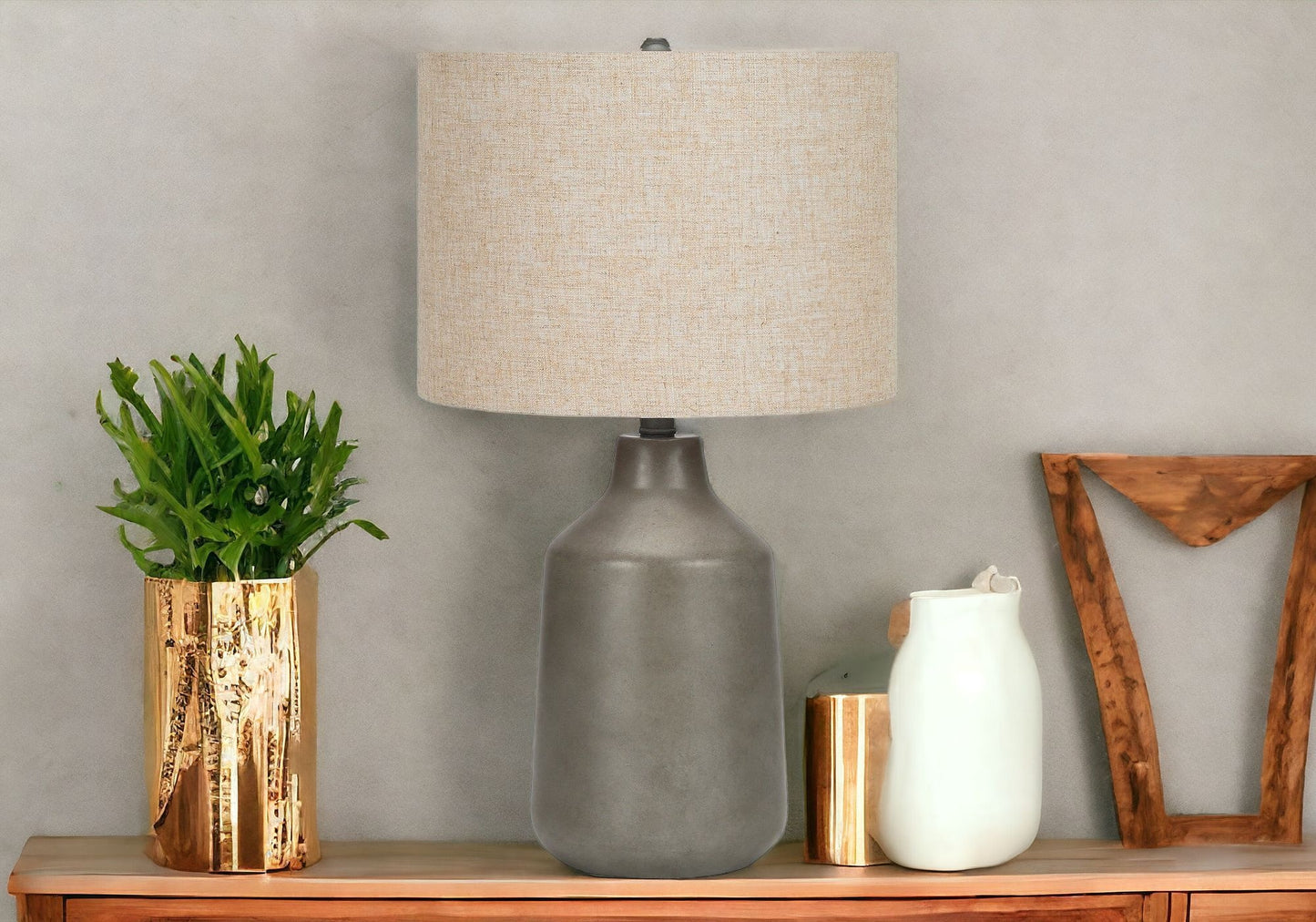 24" Gray Concrete Urn Table Lamp With Beige Drum Shade