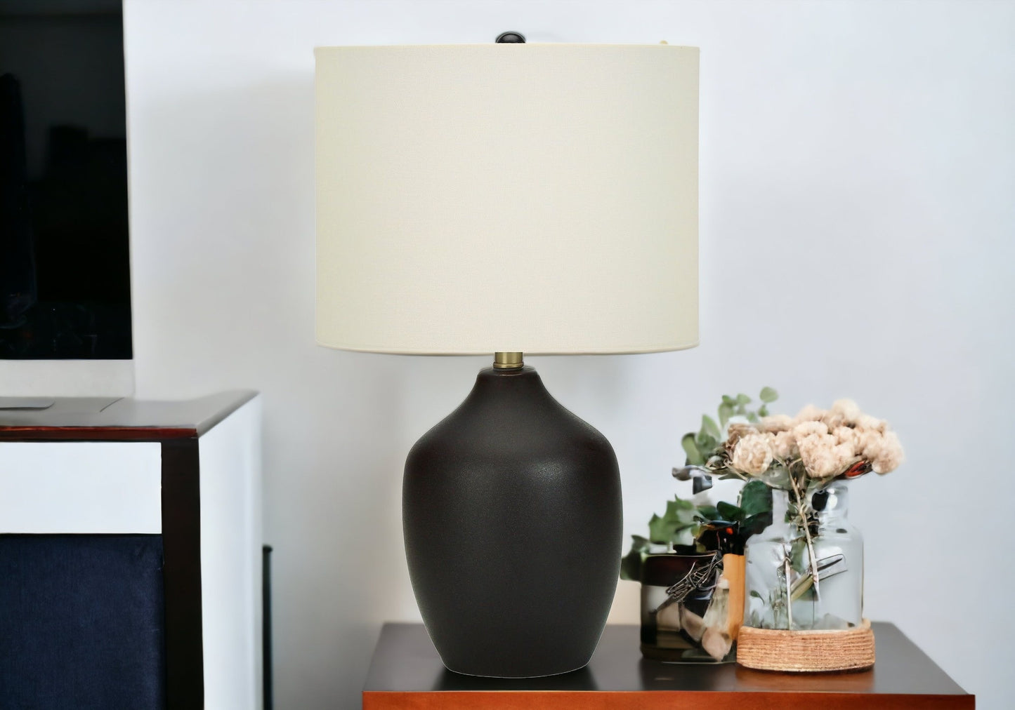 22" Black Ceramic Urn Table Lamp With Ivory Drum Shade