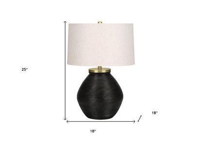 25" Black and Gold Concrete Round Table Lamp With Ivory Drum Shade