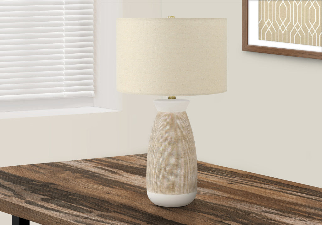 27" Brown and White Ceramic Round Table Lamp With Beige Drum Shade