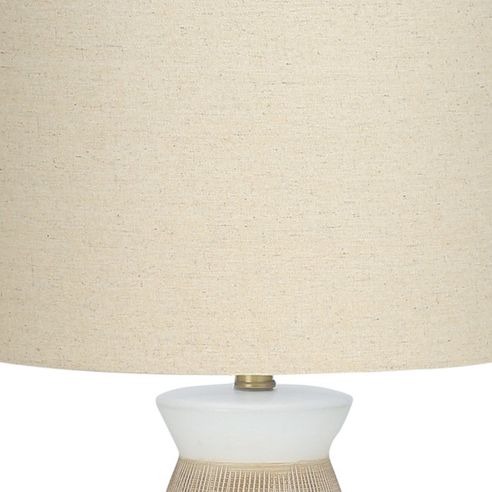 27" Brown and White Ceramic Round Table Lamp With Beige Drum Shade