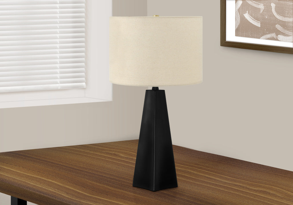 27" Black Geometric Table Lamp With Beige Drum Shade