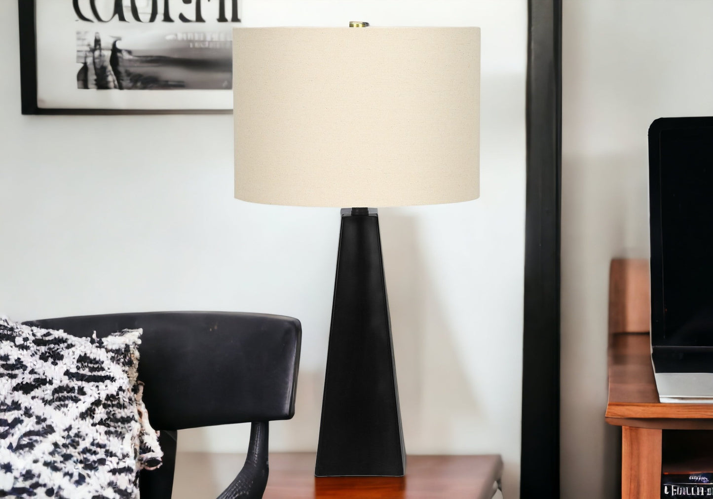 27" Black Geometric Table Lamp With Beige Drum Shade