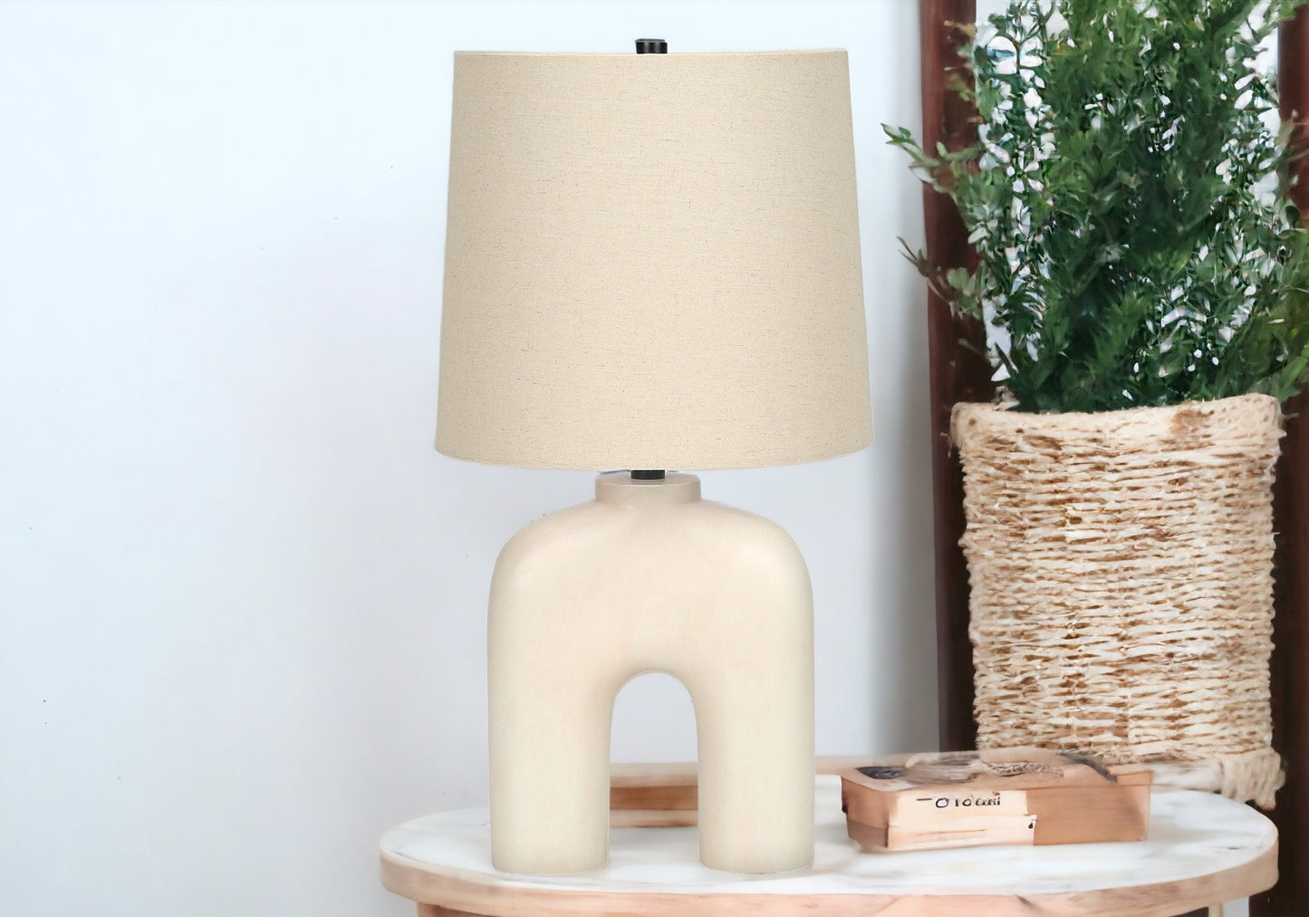 25" Cream Geometric Table Lamp With Beige Empire Shade