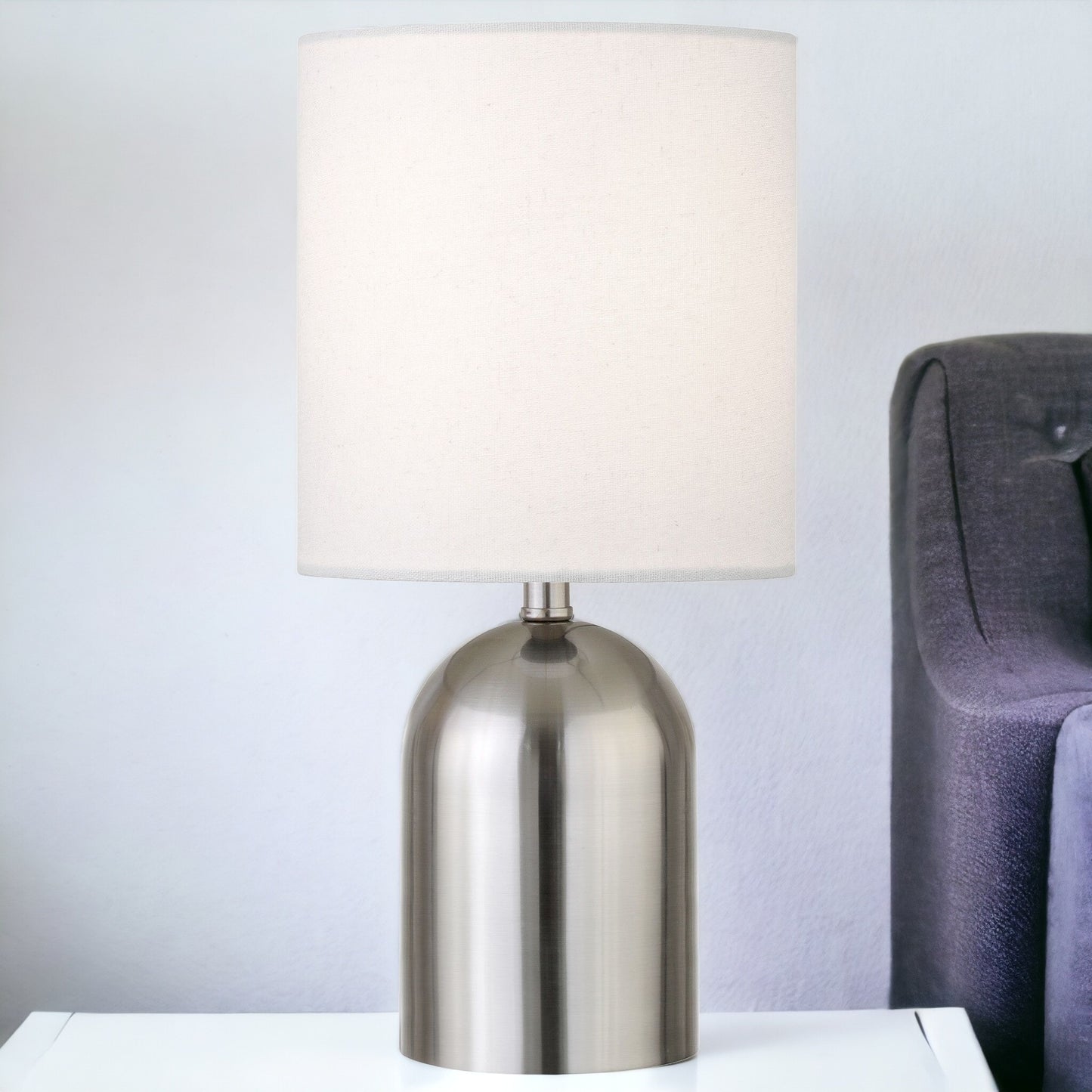 13" Silver Metal Cylinder Table Lamp With White Drum Shade