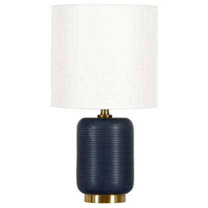 15" Blue and Gold Ceramic Cylinder Table Lamp With White Drum Shade