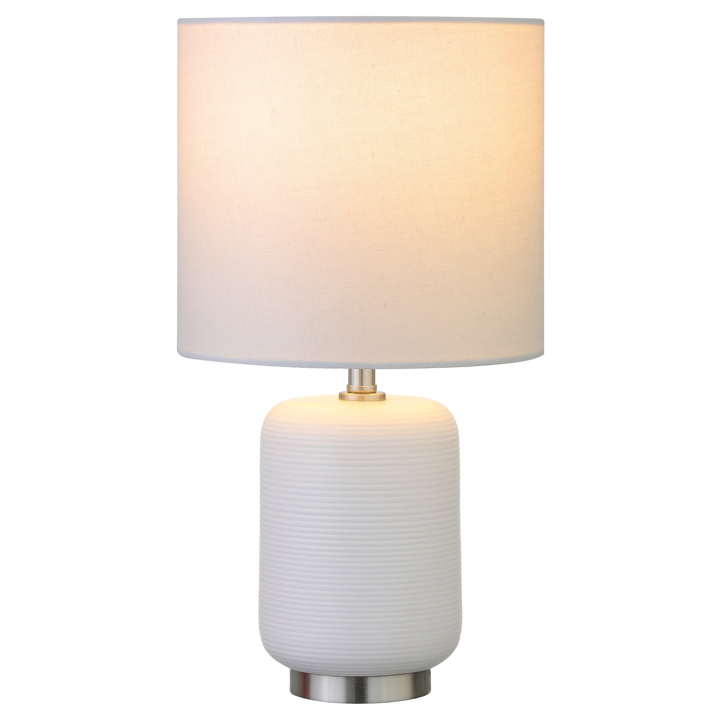 15" White and Silver Ceramic Cylinder Table Lamp With White Drum Shade