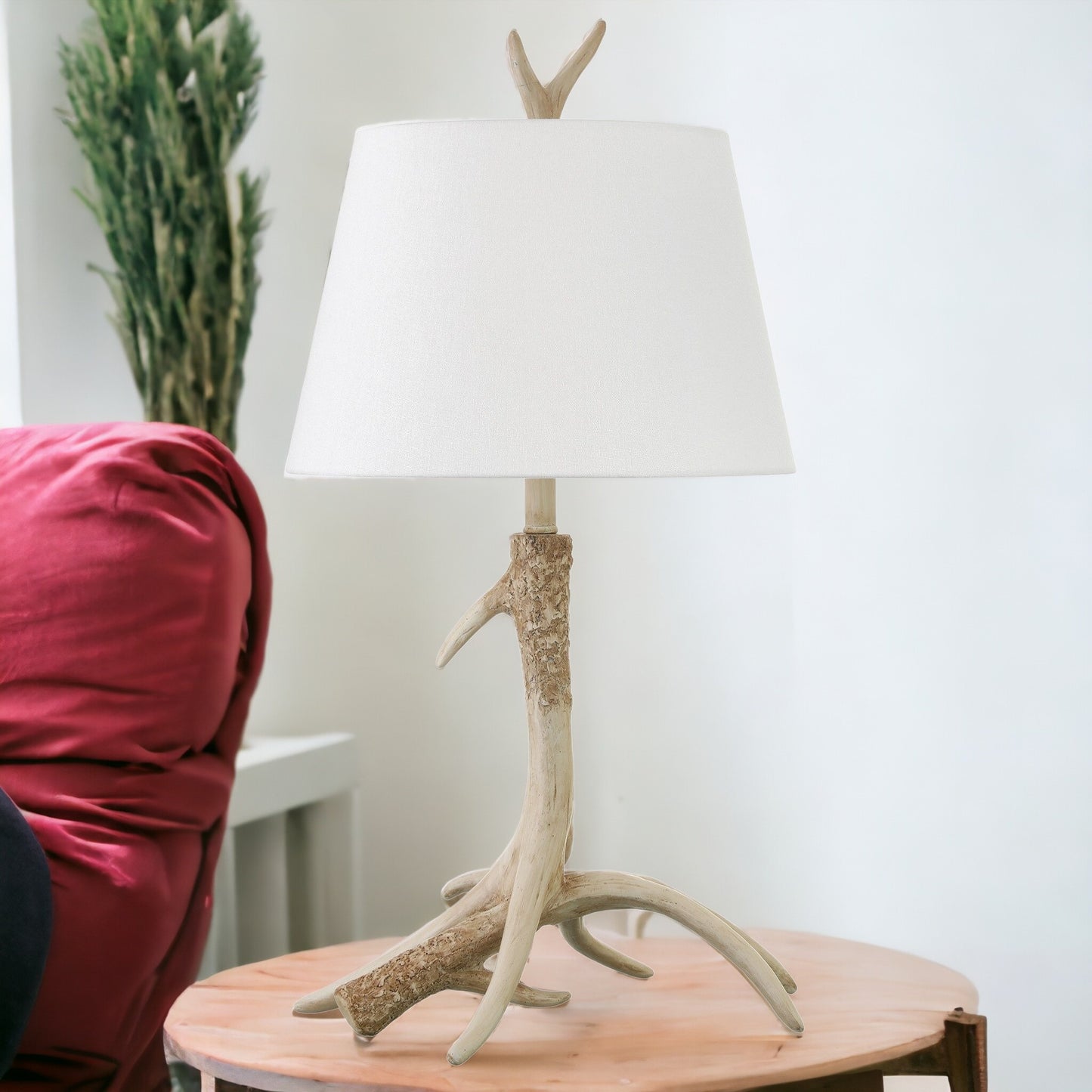 27" Brown Antlers Table Lamp With White Drum Shade