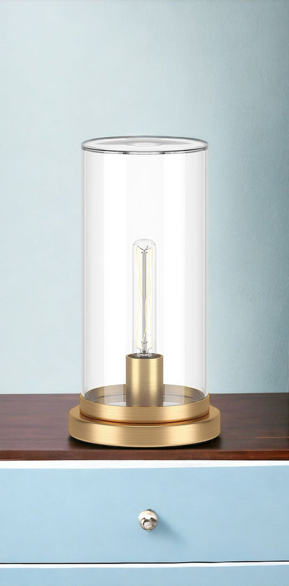 13" Brass Metal Table Lamp With Clear Cylinder Shade