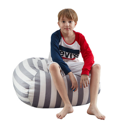 32" Gray and White Microfiber Round Striped Pouf Cover