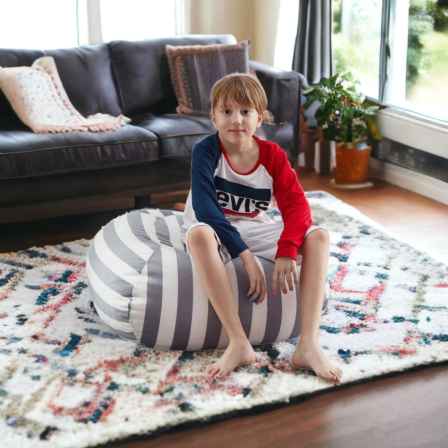 32" Gray and White Microfiber Round Striped Pouf Cover