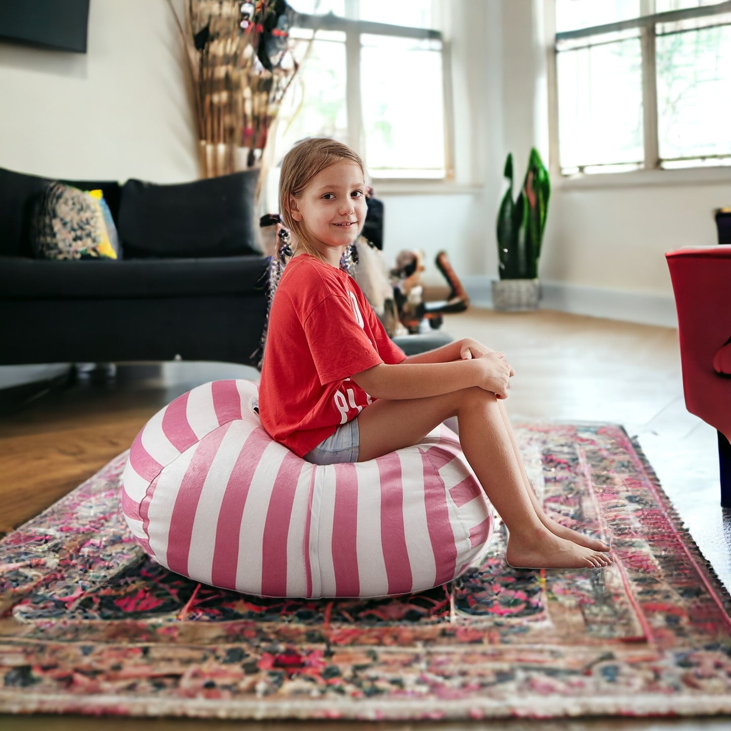 32" Gray and White Microfiber Round Striped Pouf Cover