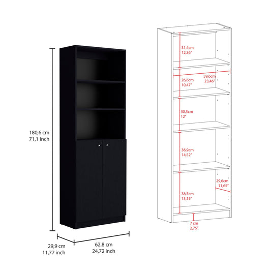 Set of Two 71" Black Five Tier Bookcase With Two Doors