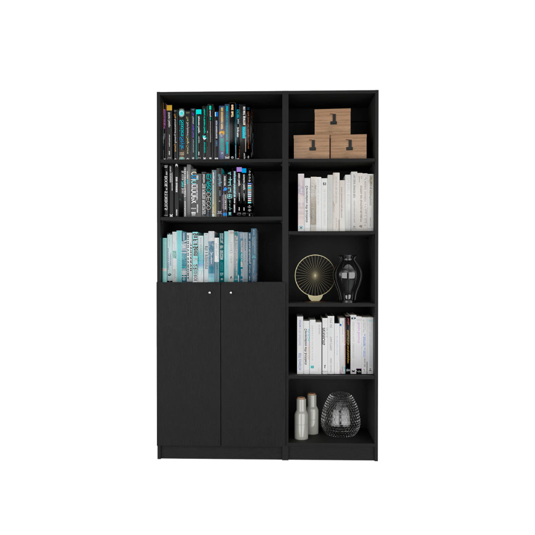 71" Black Five Tier Bookcase with Two doors