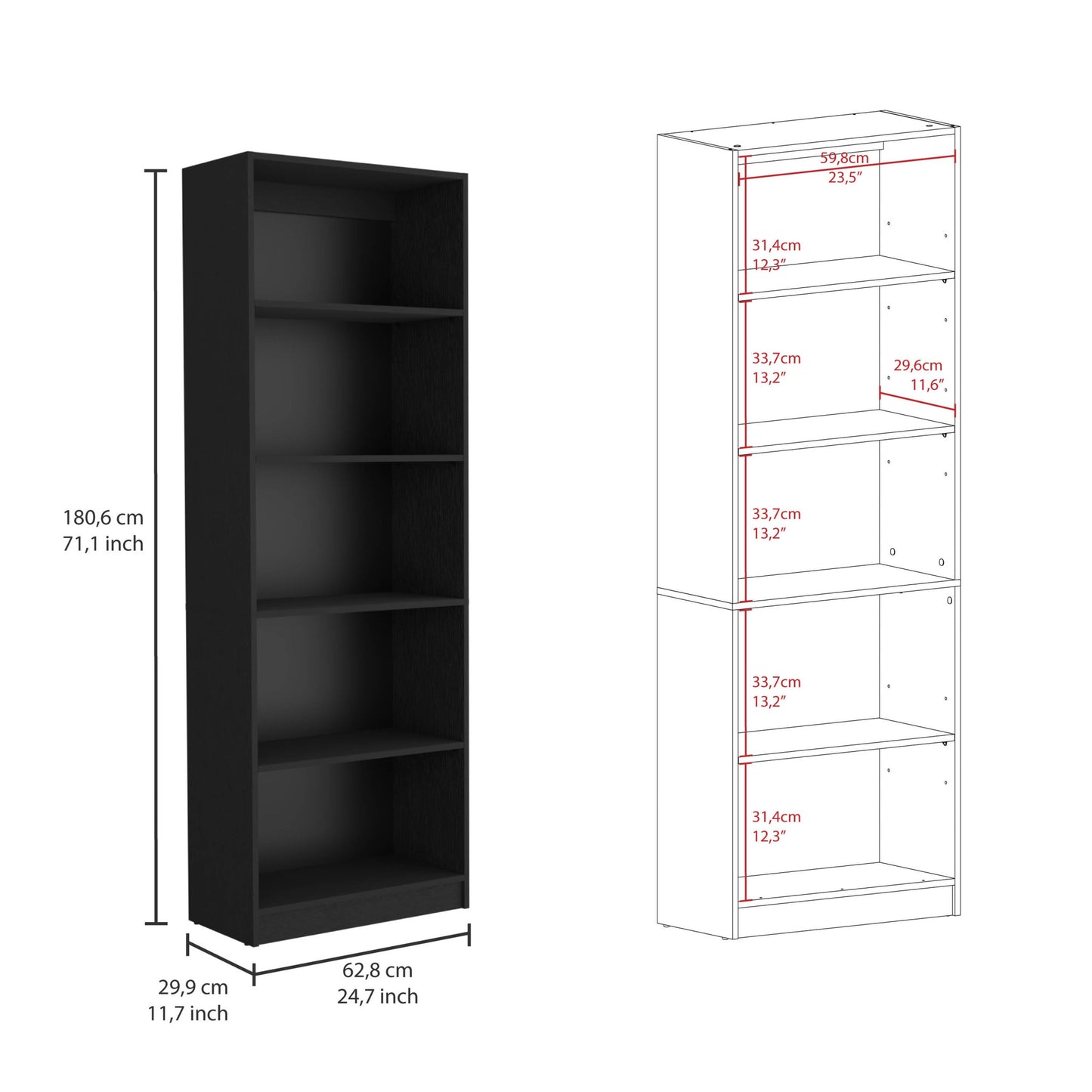 Set of Three Black Five Tier Bookcase