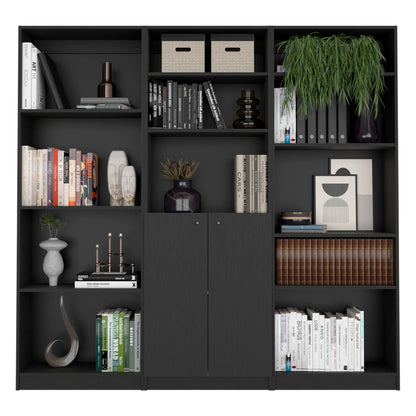 71" Black Five Tier Bookcase with Two doors