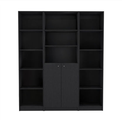 Set of Three Black Five Tier Bookcases with Two Doors