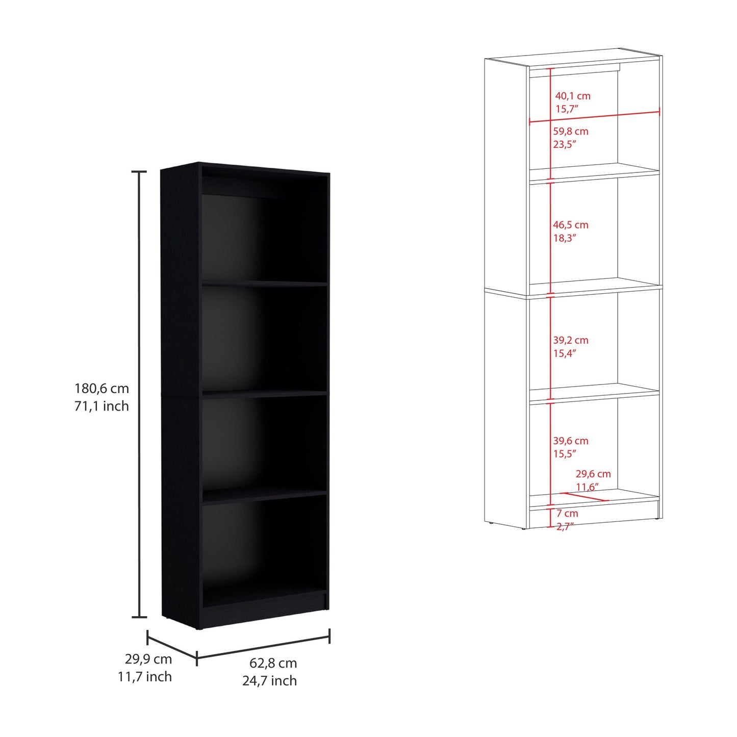 71" Black Five Tier Bookcase with Four doors