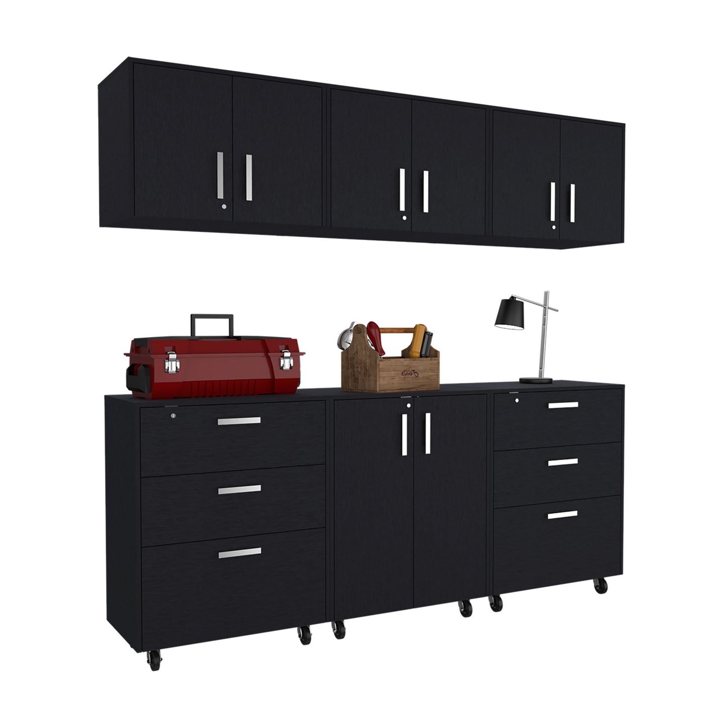 28" Black Wall mounted Accent Cabinet With Eight Shelves And Six Drawers