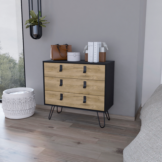 32" Natural and Black Three Drawer Dresser