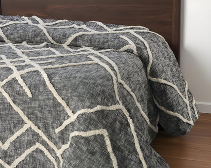 Charcoal and Off White Geometric Queen Cotton Coverlet With Fringe