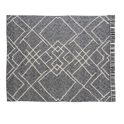 Charcoal and Off White Geometric Queen Cotton Coverlet With Fringe