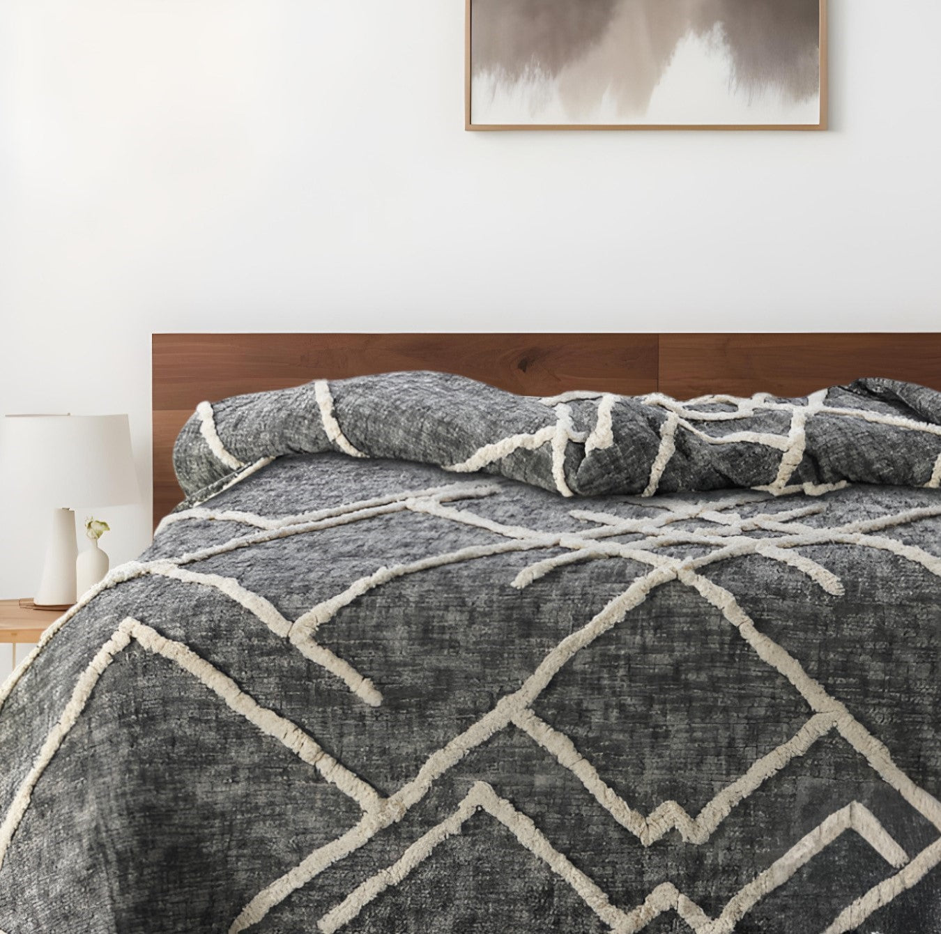 Charcoal and Off White Geometric Queen Cotton Coverlet With Fringe