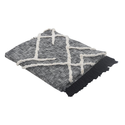 Charcoal and Off White Geometric Queen Cotton Coverlet With Fringe